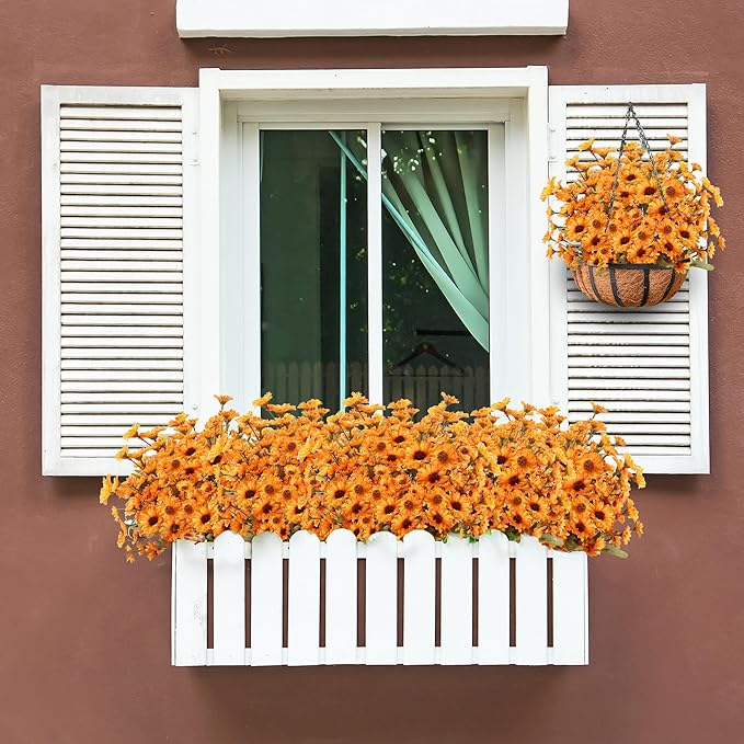 Sggvecsy 8 Bundles Artificial Fall Flowers Faux Mums Fake Silk Orange Daisy Bulk UV Resistant Plants Floral Arrangement for Indoor Outdoors Garden Home Wedding Thanksgiving Autumn Decor