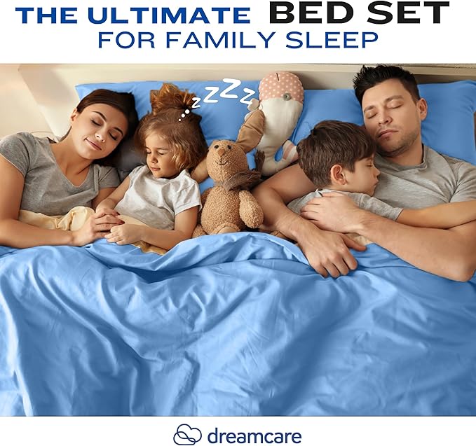DREAMCARE Twin XL Sheet Set - Cooling Bed Sheets - 4pcs Set - up to 15" Deep Pocket - Soft & Long Lasting 100% Fine Brushed Polyester with Side Pocket - Light Blue