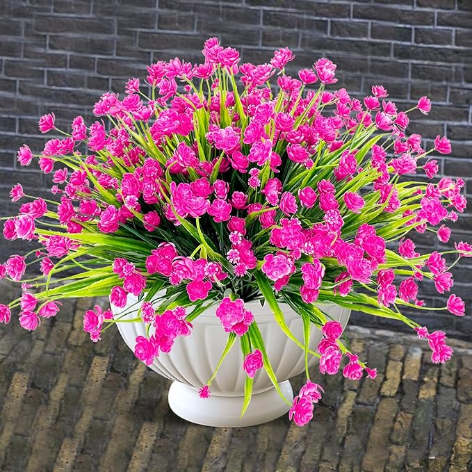 TURNMEON 20 Bundles Artificial Flowers for Outdoors Fake Plants Summer Decor, UV Resistant Artificial Plants Cemetery Fake Flowers Faux Plastic Greenery Shrub for Home Porch Yard Decor 580 Heads(Pink)