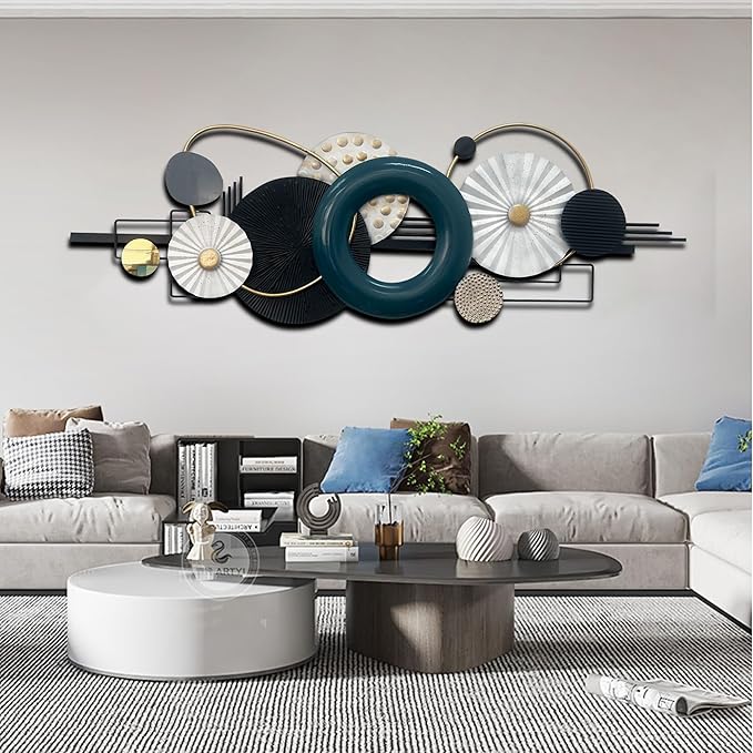 Modern Abstract Metal Wall Art, Large 59x 21 Inches Wall Sculptures, Geometric Circles Design Wall Decor, Blue Black White, Wall Decors for Living Room Bathroom Bedroom Dining Room