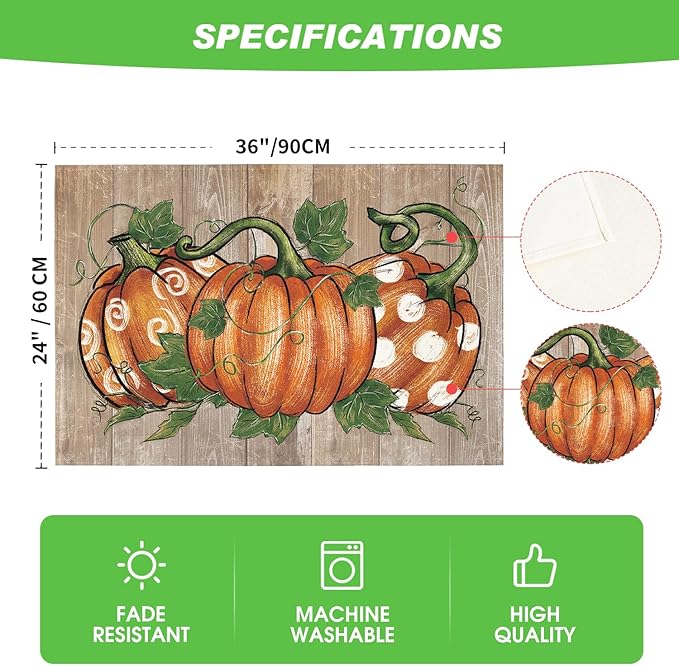 Artoid Mode Wood Pumpkins Fall Placemats, 24x36 Inch Extra Large Table Mats for Kitchen Countertop Protector Dining Decoration