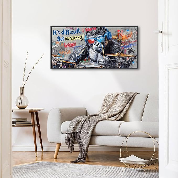 QZQCBLC Large Canvas Wall Art - Abstract Graffiti Gorilla Wearing Glasses Playing Drums Street Art Paintings Artwork Pictures for Living room Bedroom Bar Men's Teenager Game Room Decor 20X40