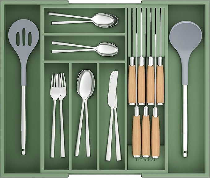 Bamboo-Silverware-Drawer-Organizer-Kitchen, Expandable Utensil Holder Cutlery Tray Flatware Organization Adjustable Wood Tableware Dividers Storage (with Removable Knife Block)(Grayish Green)
