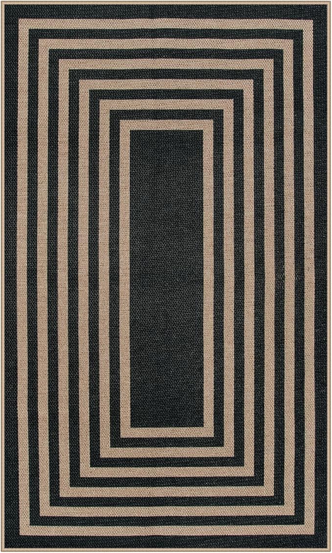 Lahome Modern Geometric Easy Jute Outdoor Rug, 3x5 Black Indoor Outdoor Carpet for Living Room Entryway, Farmhouse Non Slip Non Shedding Washable Area Rug for Patio Courtyard Bedroom