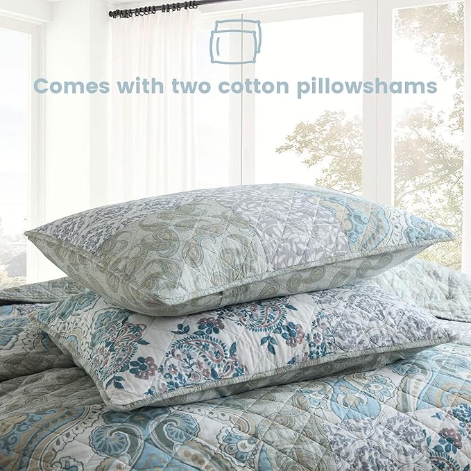 Secgo Queen Size Comforter Set- 100% Cotton Quilt Queen Size Set, Green, Sage bedspreads (90 * 96 Inch) with 2 Pillow Shams, Patchwork Reversible Lightweight Bedding