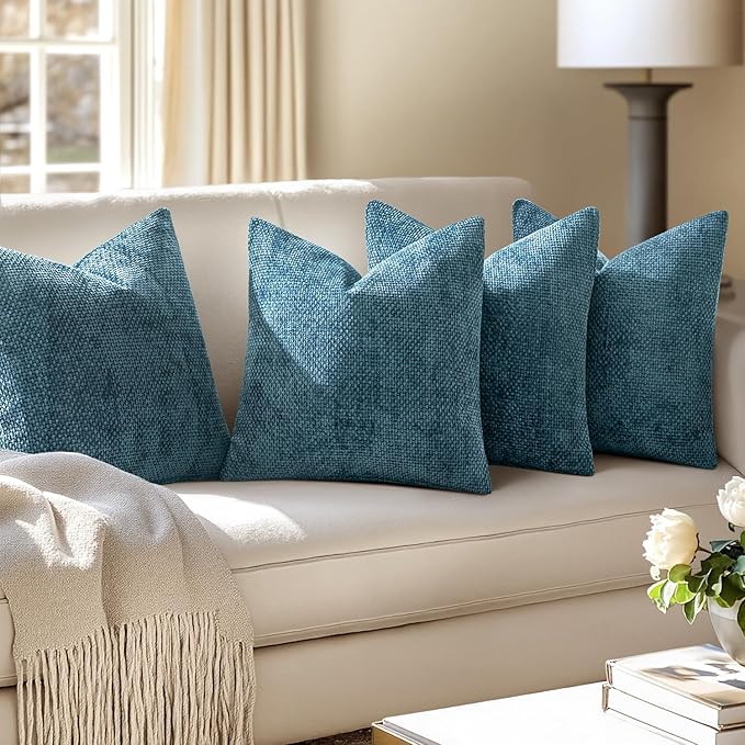 MIULEE Pack of 4 Couch Throw Pillow Covers 20x20 Inch Smoke Blue Soft Decorative Chenille Pillow Covers Farmhouse Accent Cushion Covers for Boho Home Decor Sofa Bedroom Living Room