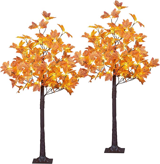 LIGHTSHARE 2PCS 4FT 144LED Artificial Lighted Maple Tree Warm White Halloween Fall Decorations Indoor Outdoor, Orange