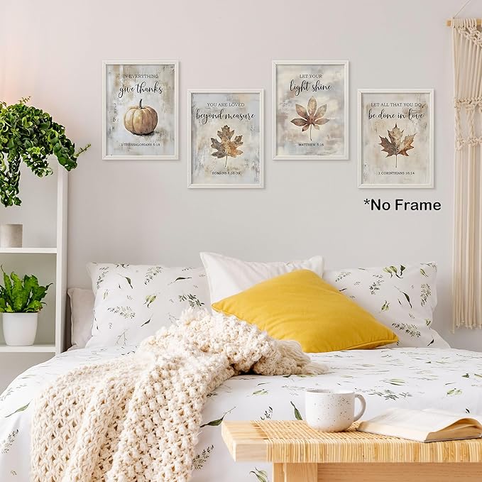 TLESKE Rustic Fall Christian Pumpkins Maple Leaves Posters Prints Unframed Set of 4 for Farmhouse Bedroom Living Room Kitchen, Vintage Autumn Wall Art Prints Decor, Thanksgiving Wall Pictures, 12x16