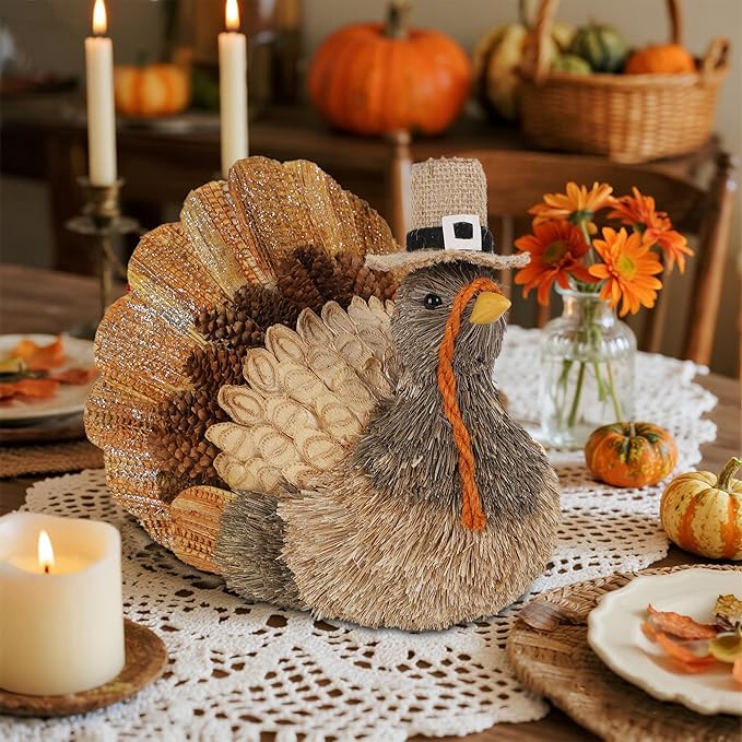 winemana Thanksgiving Turkey Decor – 7.9" Tall Sisal Turkeys Table Centerpiece with Top Hat, Fall & Harvest Home Decor, Thanksgiving Decorations Indoor
