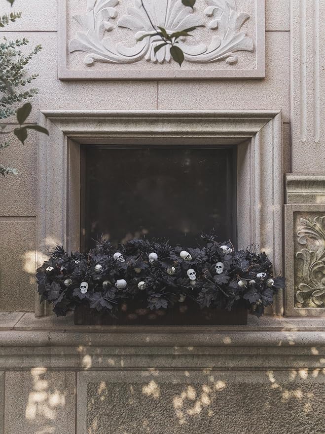 18pcs Fake Plants Outdoor, Halloween Maple Pumpkin Branch, Autumn Artificial White Pumpkins Stem with Black Maple Leaves, Faux Maple Leaves Spray for Halloween Thanksgiving Home Deocr(Black)