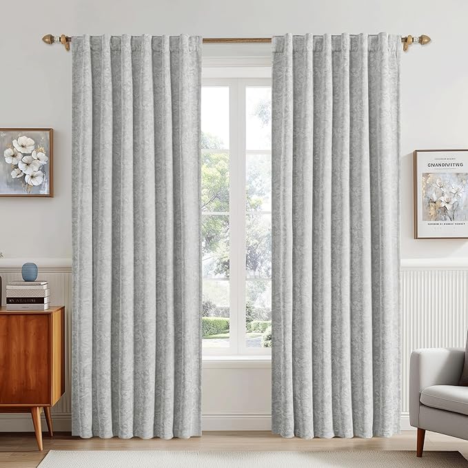 Beauoop Grey Floral Jacquard Blackout Curtains 63 Inches Long 2 Panels for Bedroom Living Room Chenille Flower Room Darkening Thermal Insulated Soundproof Rod Pocket Back Tab Window Drapes, 52x63