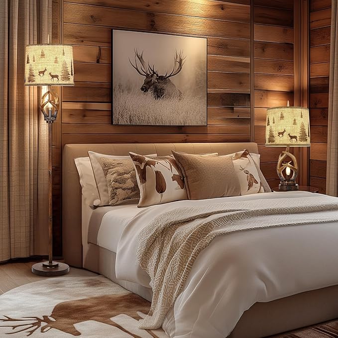 Scenekoy Rustic Farmhouse Antlers Floor Lamp with Nightlight Brown Finish Round Shade Lamps for Living Room Bedroom Office Study House