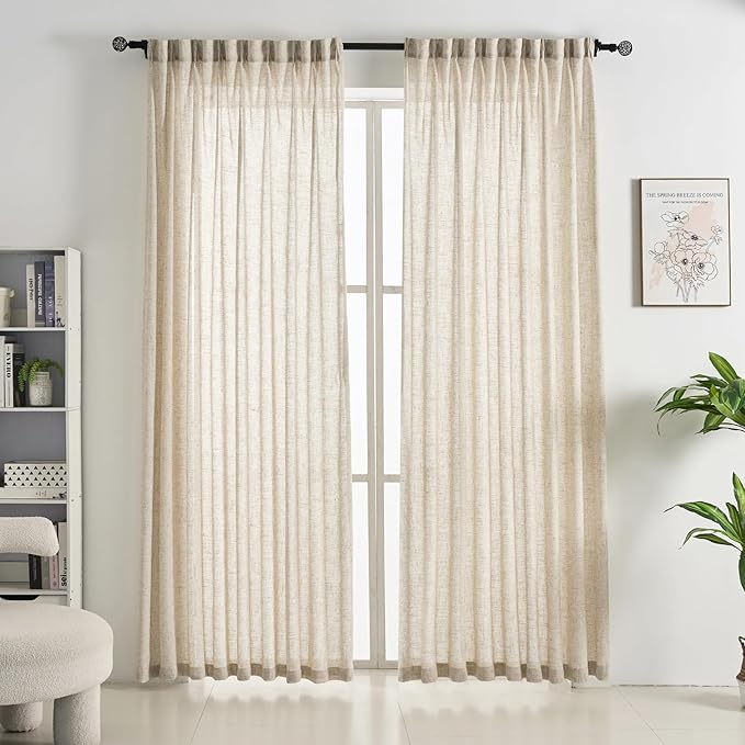 Burlap Pinch Pleated Linen Semi Sheer Curtains 108 Inches Long, 50 Inches Width, Neutral Flax Light Filtering Drapes, Beige Retro Window Treatments, Rustic Farmhouse Floor to Ceiling Curtain