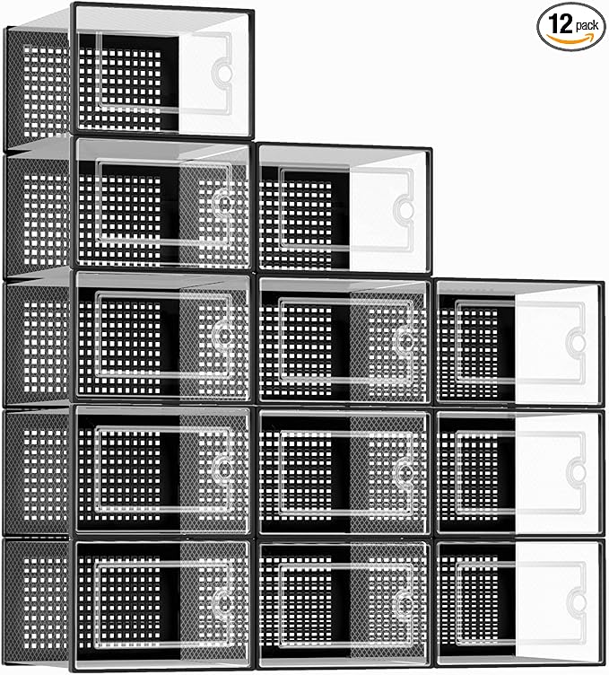 Kuject X-Large Shoe Storage Boxes Organizers Clear Plastic Stackable 12 Pack, Shoe Rack & Holder Substitute, Sneaker Containers, Toy Storage Organizer Bins for Entryway, Closet, Under Bed, Black