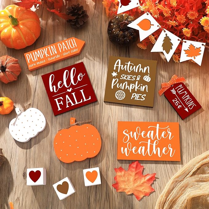 Sumind 15 Pcs Fall Tiered Tray Decor Set Fall Decorations for Home Autumn Wood Signs Thanksgiving Orange Brown Table Signs Farmhouse Wooden Maple Pumpkin Gnomes Tabletop for Festival(Autumn)