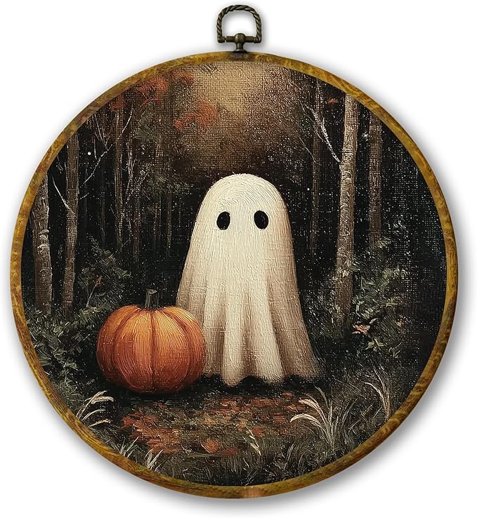 Mcehtle Vintage Halloween Dark Forest With Ghosts Wall Art Decor, Rustic Farmhouse Cottagecore Framed Canvas Prints 10x10, Dark Academia Round Wall Hanging Artwork Decorations for Bedroom Gallery