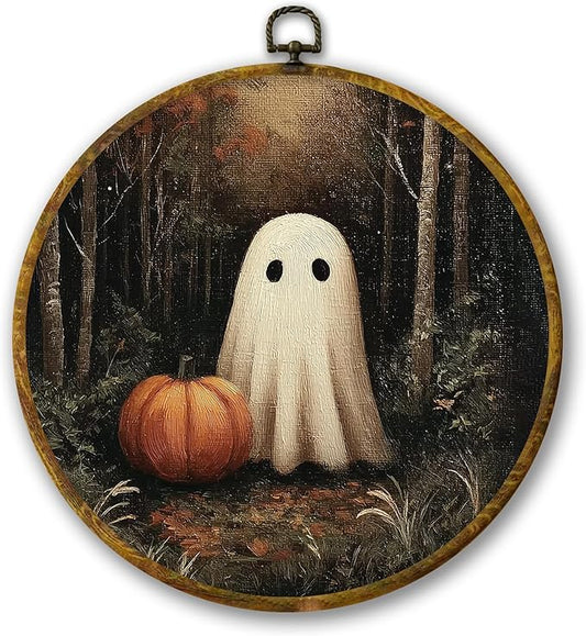 Mcehtle Vintage Halloween Dark Forest With Ghosts Wall Art Decor, Rustic Farmhouse Cottagecore Framed Canvas Prints 10x10, Dark Academia Round Wall Hanging Artwork Decorations for Bedroom Gallery