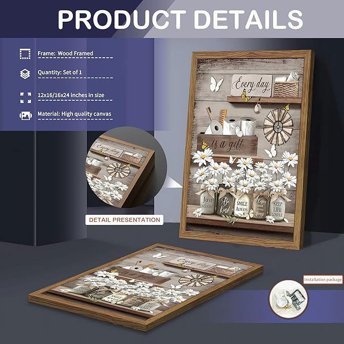 Wood Framed Farmhouse Bathroom Wall Art, Vintage Rustic Daisy Canvas Wall Decor Paintings, Flower Butterfly Inspirational Posters Prints Pictures Artwork for Bathroom Bedroom Living Room 16x24 Inch