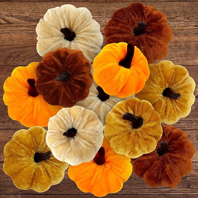 CH HAICHENG 12 Pcs Velvet Pumpkins Assorted Colors and Sizes Fake Artificial Small Velvet Pumpkin Fall Decorations for Home Farmhouse Harvest Wedding Halloween Thanksgiving Decor
