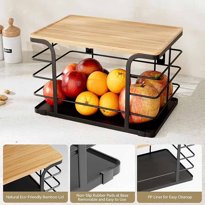 2 Pack Potato and Onion Storage Bin,Stackable Pantry Organizers and Storage with PP Liner and Bamboo Top,Kitchen Organization Counter Basket for Fruits,Produce,Vegetable, Black