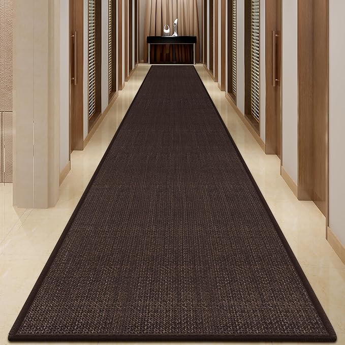 GOYLSER Jute Runner Rug Non Slip Washable, 20 ft Rubber Backed Absorbent Laundry Rugs Laundry Room Runner, Deep Brown Long Hallway Rug