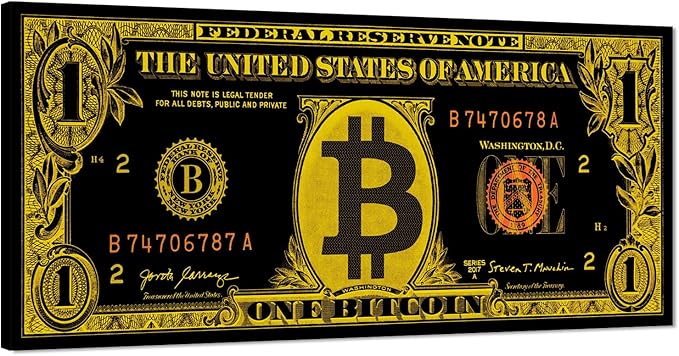 Black Golden Bitcoin Wall Art Canvas Paintings Modern Home Decor Money Artwork Vintage Nordic Western Paintings Wooden Framed Ready to Hang-32x16 inches