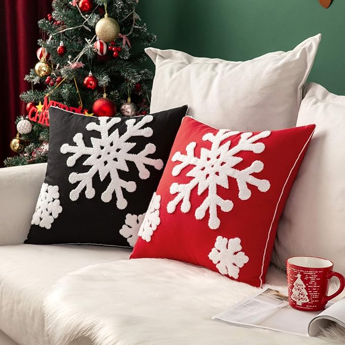 MIULEE Pack of 2 Christmas Decorative Snowflake Throw Pillow Covers Canvas Embroidery Winter Cushion Cases Holiday Decor Soft Pillowcases for Winter Couch Sofa Bedroom Car（Red, 18x18in）