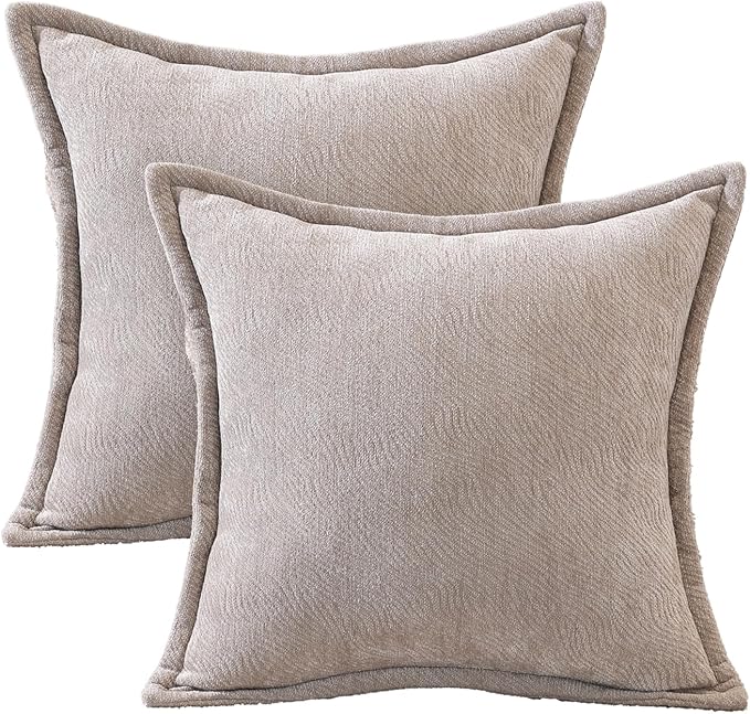 AVOIN colorlife Pale Coffee Chenille Throw Pillow Covers 18 x 18 Inch Set of 2, Soft Cozy Bound Edge Design Home Decor Cushion Case for Living Room Bed Sofa Coach