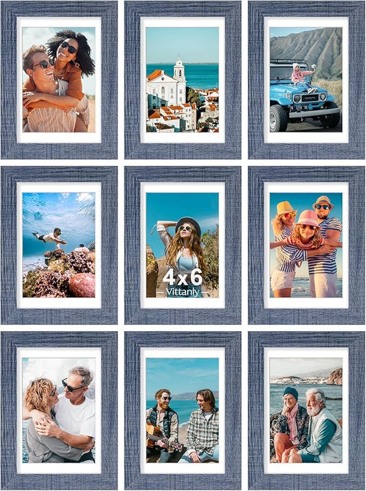 Vittanly 4x6 Picture Frames Set of 9, Shatter Resistant Plexiglass, Display 3.5x5 Pictures with Mat or 4x6 without Mat, Photo Frames for Wall or Tabletop, Engineered Wood, Navy