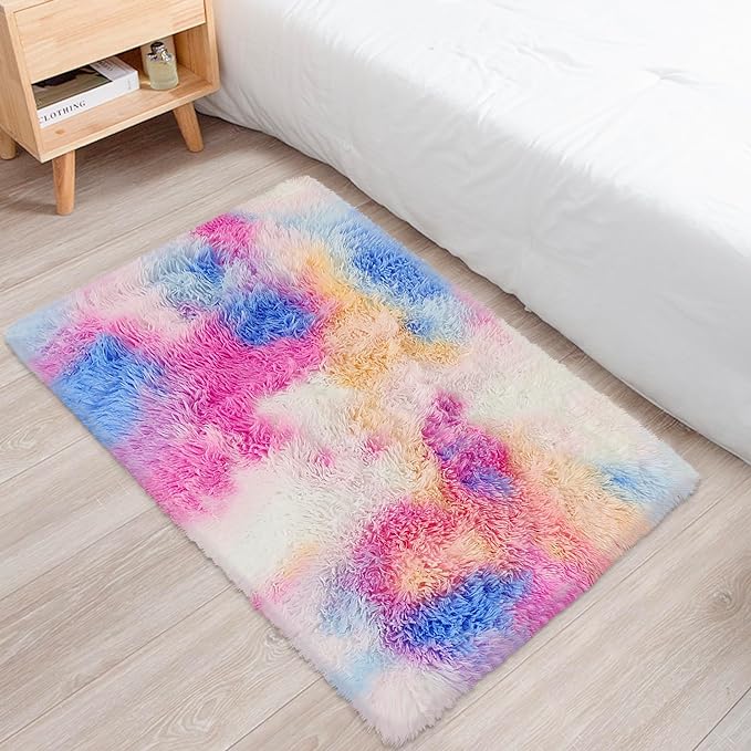 Small Fluffy Colorful Rug for Bedroom Girls 2x3 Mini Kawaii Rainbow Tie Dye Area Rug Fuzzy Unicorn Throw Rug for Living Room Kids Nursery Baby Princess Room Home Decor Aesthetic Carpets