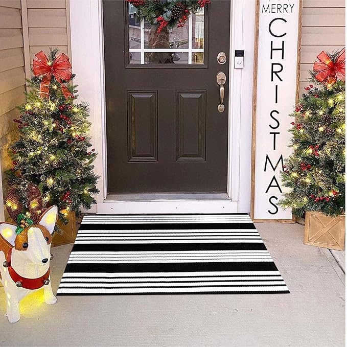 OJIA Fall Front Door Mats Outdoor 27.5x43 Inches, Black and White Outdoor Rugs Cotton Woven Front Door Rug Machine Washable Layered Doormats for Porch/Farmhouse/Kitchen/Entryway/Patio
