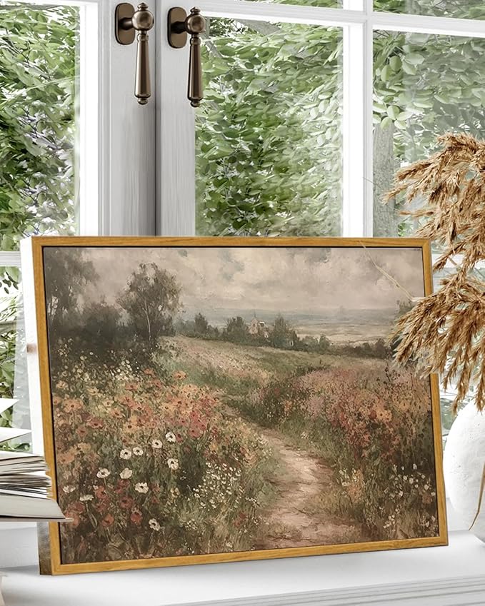 KBKBART Framed Canvas Wall Art for Living Room, Vintage Countryside Wildflower Field Painting Farmhouse Decor, Retro Nature Wilderness Canvas Art Prints, Rustic Landscape Wall Decor for Bathroom, Bedroom Living Room, Vintage Art Wall Decor(12"x16")