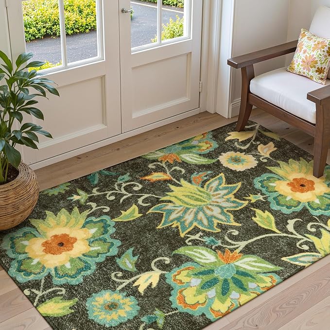 Lahome Collection Modern Floral Area Rug - 3'x5' Non-Slip Colorful Vintage Area Rug Accent Distressed Throw Rugs Floor Carpet for Living Room Bedrooms Decor (3’X 5’, Green)