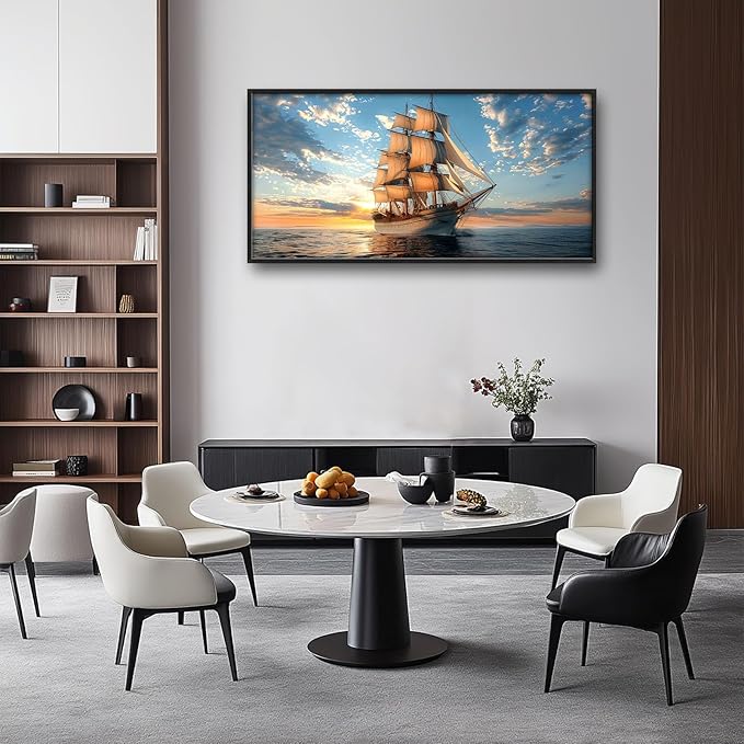 Nautical Ship Large Wall Art Sea Sailing Ship Pictures Sunrise Seascape Wall Decor Nature Landscape Canvas Print Painting Artwork for Bathroom Living Room Bedroom 60L" x 30W"