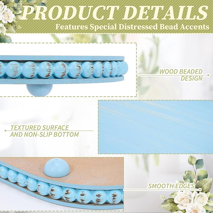 HPC Decor 15in Oval Light Blue Wood Beaded Tray for Home, Decorative Serving Tray, Rustic Farmhouse Wooden Trays for Vintage Centerpiece, Kitchen Counter, Living Room, Coffee Table