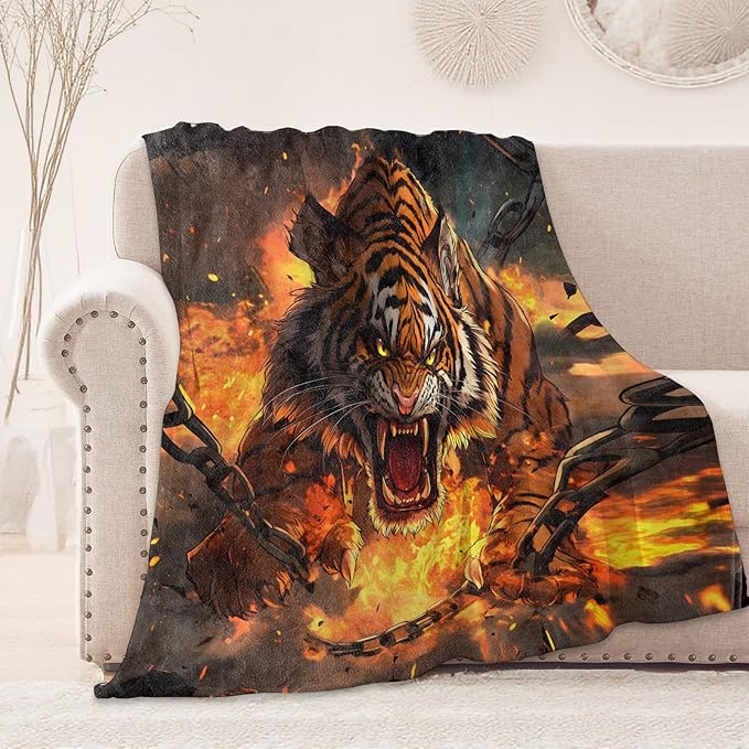 Fierce Tiger in Flames Blanket, Cozy Flannel Roaring Tigers Throw Blanket, Soft Fuzzy Blankets for Travel Home Decor, All Season Lightweight Couch Bed Cover, Gifts for Women Adults Kids 50"×60"