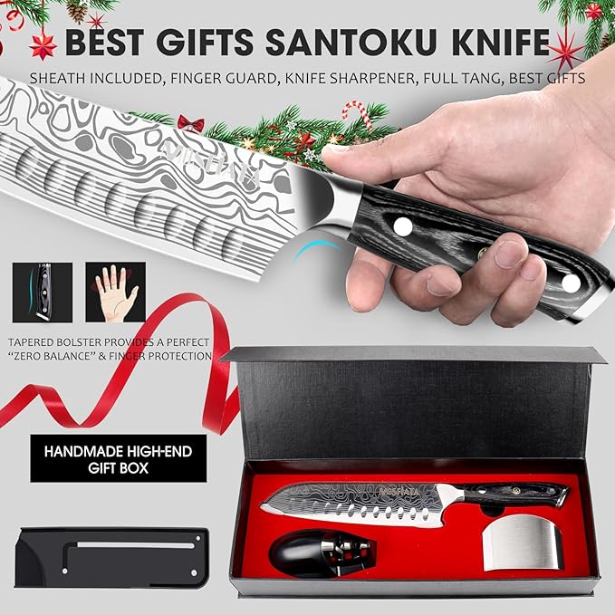 MOSFiATA Santoku Knife- 7 Inch Vegetable Knife Ultra Sharp Chopping Knife- Forged EN.4116 German Steel- Including Sheath,Finger Guard,Knife Sharpener,Full Tang,Best Gifts with Handmade Gift Box