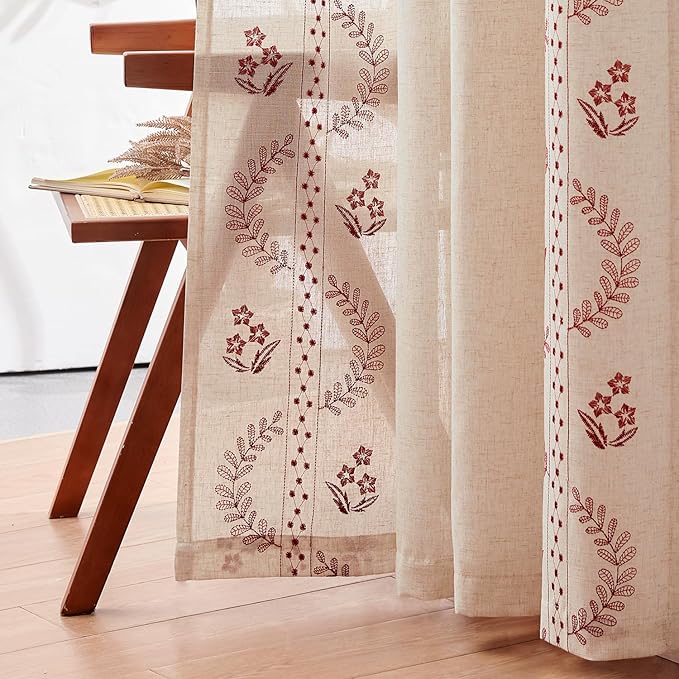 jinchan Belrose Linen Curtains for Bedroom Floral Curtains 63 Inch Length Linen Blend Burgundy Red Embroidered Drapes Farmhouse Flower Patterned Drapes for Living Room Window Treatments Set 2 Panels