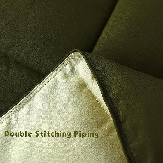 HIG 3pc Olive Green Queen Comforter Set - All Season Reversible Down Alternative Comforter with Two Shams - Quilted Duvet Insert with Corner Tabs - Box Stitched - Breathable, Soft, Fluffy