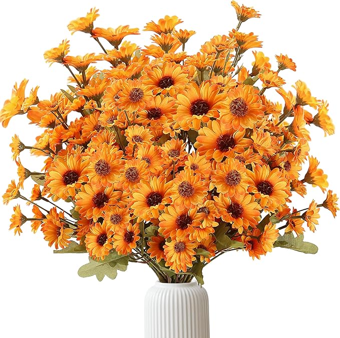 Sggvecsy 8 Bundles Artificial Fall Flowers Faux Mums Fake Silk Orange Daisy Bulk UV Resistant Plants Floral Arrangement for Indoor Outdoors Garden Home Wedding Thanksgiving Autumn Decor