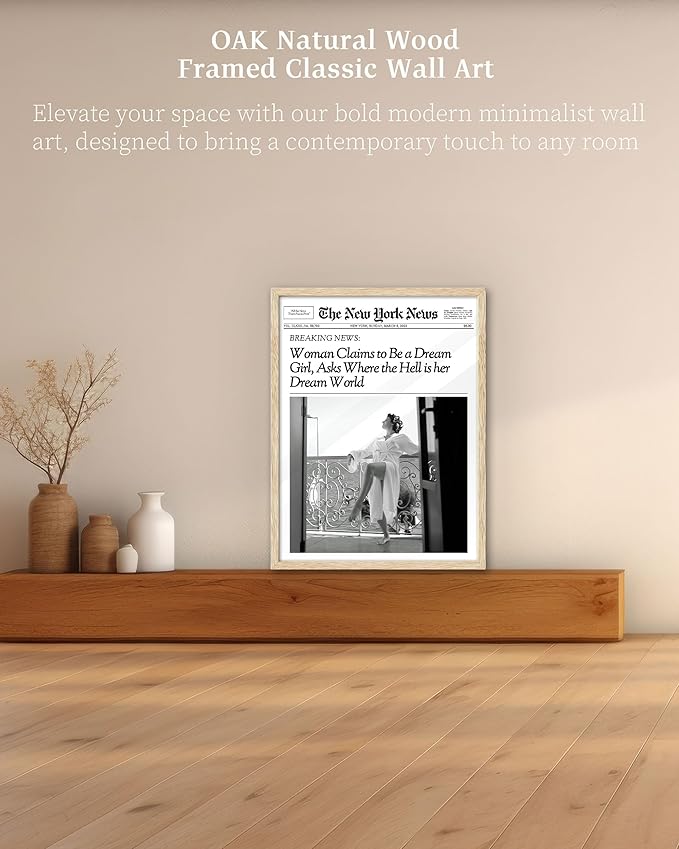 iHery Natural OAK Wood Newspaper Trendy Framed Wall Art, 12x16 in Vintage Headline Canvas Print, Beige Logs Retro Art, Woman Claims to Be a Dream Girl, Set of 1 Apartment Black and White Decor
