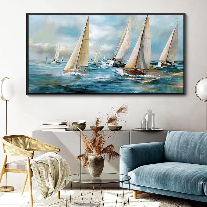 YDYSUNE Sailboat Wall Art - Blue Canvas Abstract Painting Textured Picture Artwork Vintage Nautical Large Painting Coastal Modern Print Frame for Living Room Bedroom Home 20x40inch