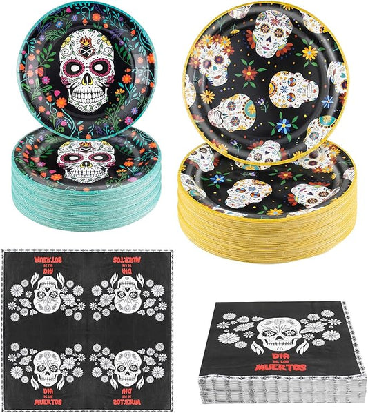 180Pcs Day of the Dead Party Supplies Paper Plates and Napkins Serve 60 Disposable Tableware Set for Birthday Party Decorations Game Day Family School Holiday Sports Events