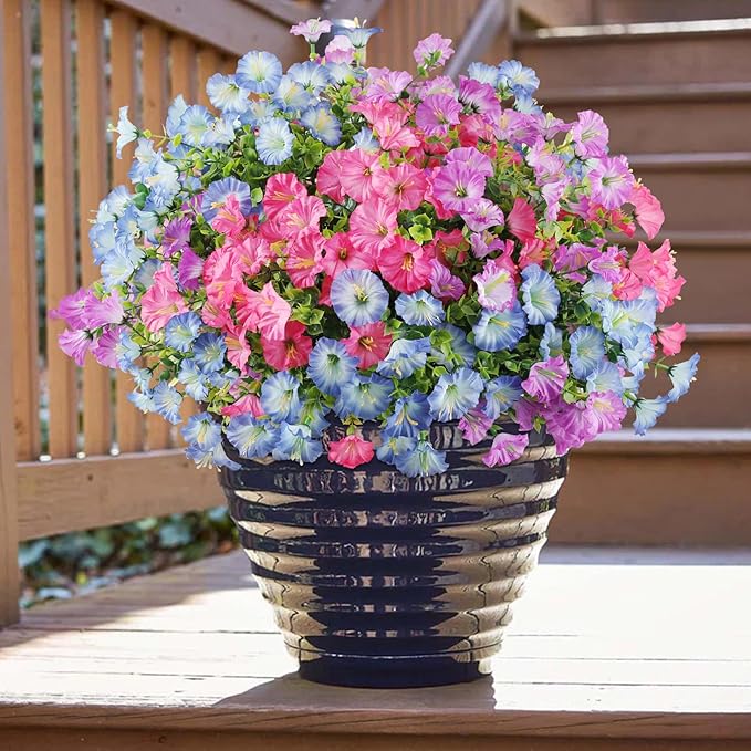 12PCS Artificial Flowers for Outdoor Decorations, Realistic Faux Silk Petunia Flowers for Outside, Fake Plants Morning Glory with Eucalyptus Porch Patio Planters Window Boxes Decor