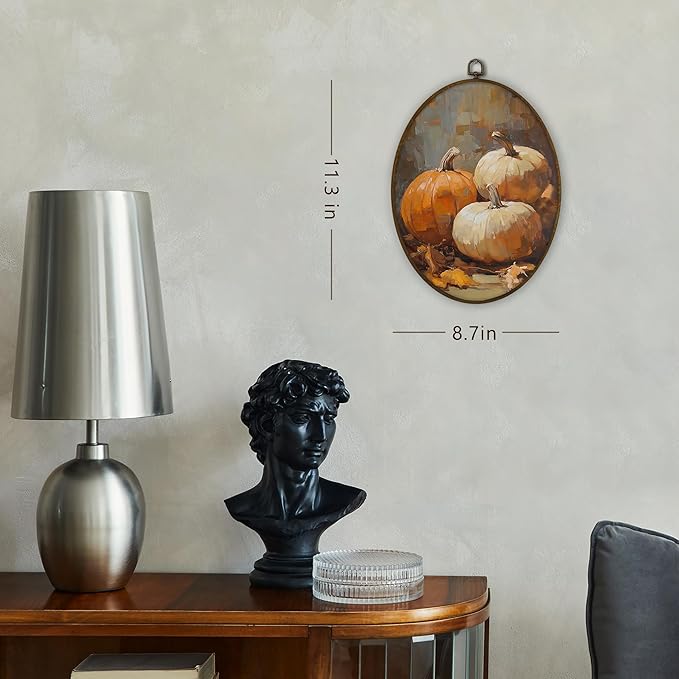 Gnmduw Vintage Fall Pumpkin Oval Wall Art Framed,Fall Cottagecore Pumpkin Canvas Prints Hanging Decor,Retro Thanksgiving Fall Farmhouse Wall Decor for Farmhouse Living Room Bedroom, 8.7x11.3 In