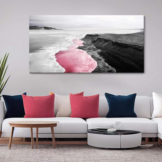 YCPRIMER Pink Canvas Wall Beach Black and White Picture for Living Room Largre Artwork for Wall Coastal Ocean Seascape Painting bedroom Wall Decor Above Bed 29×58IN