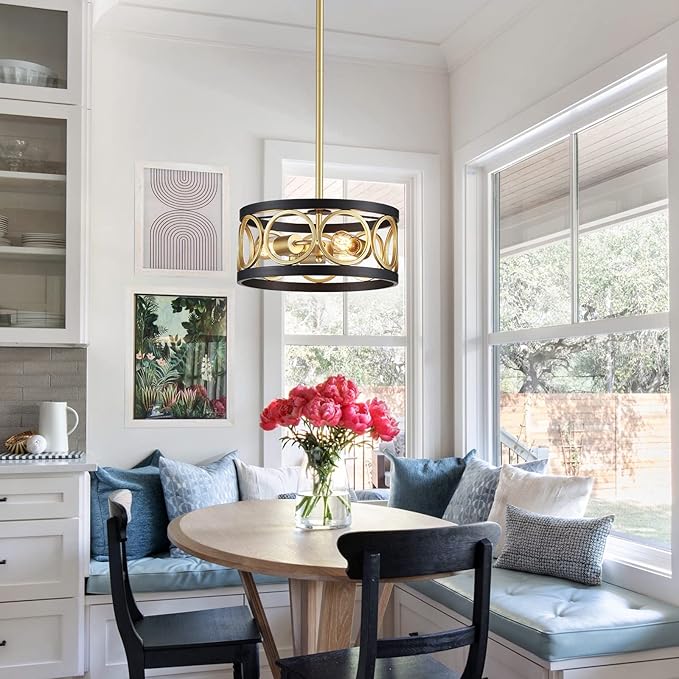 XINGQI 3-Light Modern Chandelier, 13" Pendant Light Height Adjustable Dining Room Light Fixtures for Bedroom Living Room Kitchen Metal Black and Gold