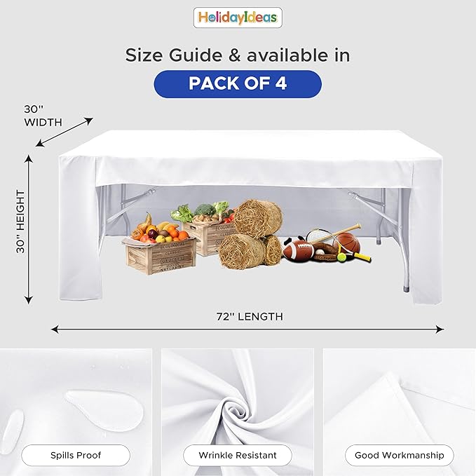 HolidayIdeas Open Back Fitted Tableclothss for 6 Foot Rectangle Table, Wrinkle Resistant Washable Table Covers 72x30 Inch for Craft Fairs, Banquets, Trade Show Display, White,4 Pcs