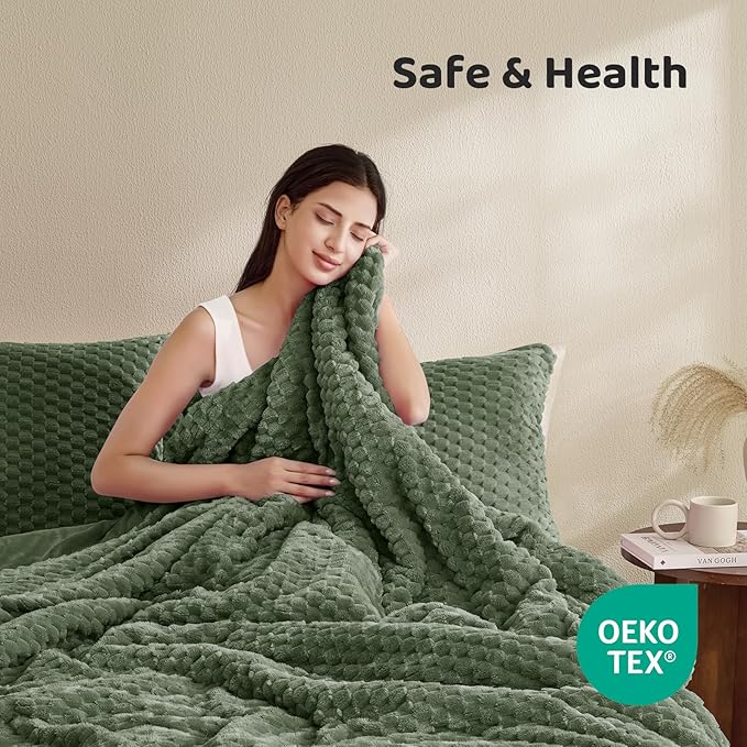 Petrichor Fluffy Queen Comforter Set - Ultra-Soft Green Flannel Thick Comforter for Queen Bed, Luxury Warm Bedding Set for Winter & Fall, Cozy Fuzzy Bed Set 3 Pieces (1 Comforter & 2 Pillowcases)