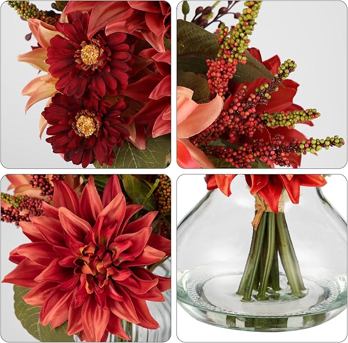 Briful Faux Fall Flowers in Vase, Artificial Dahlia & Mum Silk Floral Arrangement with Clear Glass Vase Fake Autumn Flowers Bouquet for Home Office Dining Room Table Centerpiece Decoration